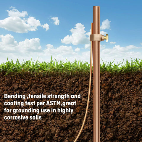 3 Ft Ground Rod Kit Half Inch Copper Clad Grounding Rod With Ground Clamp for Electric Fences and Earthing Needs shown in soil