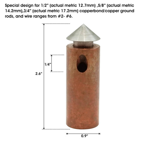 Copper Lay In Ground Clamp showing dimensions for ground rods and wire ranges, featuring C1100 copper and oblique head design for outdoor grounding.