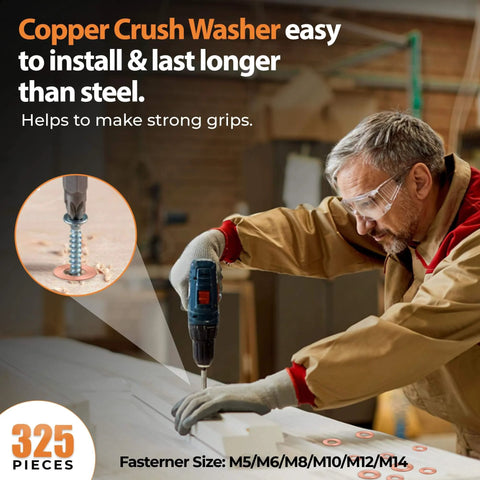 325 Piece Copper Crush Washers Assortment Kit With 10 Sizes M5 To M14 used by man for installing washers with a drill