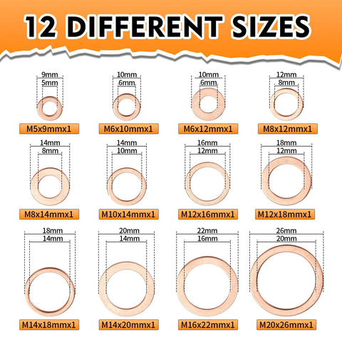 12 sizes of copper washers from 330 Piece Copper Crush Washers Set in sizes M5 to M20 for automotive plumbing