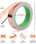 Copper Foil Tape, Conductive Double Sided Adhesive, 1 Inch Wide by 130 Feet Total, roll showing dimensions for EMI shielding and electrical repair