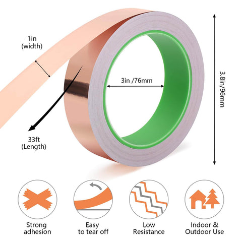 Copper Foil Tape, Conductive Double Sided Adhesive, 1 Inch Wide by 130 Feet Total, roll showing dimensions for EMI shielding and electrical repair