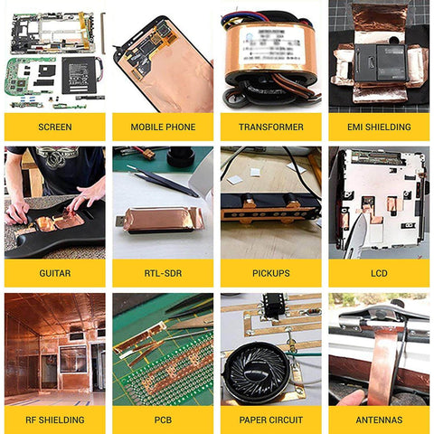 Copper Foil Tape With Double Sided Conductive Adhesive used in various applications like EMI shielding, guitar, and paper circuits.