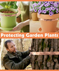 Copper Foil Tape used for garden plant protection, wrapped around pots and tree, showing conductive double sided adhesive.