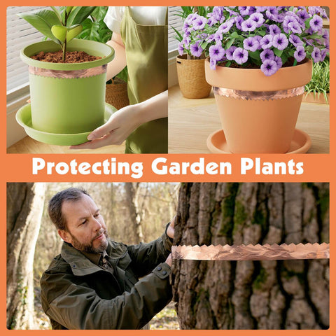 Copper Foil Tape used for garden plant protection, wrapped around pots and tree, showing conductive double sided adhesive.