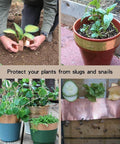 Copper Foil Tape With Double Sided Conductive Adhesive wrapped around pots for plant protection from slugs and snails outdoors.