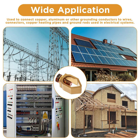 Image showing applications of two pack copper ground rod clamps for direct burial in electrical systems, including solar panels and construction.