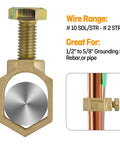 Copper Ground Rod Clamp For Half Inch To Five Eighths Inch Grounding Rods And Pipes With Galvanized Bolt Solderless Ground Wire Connection