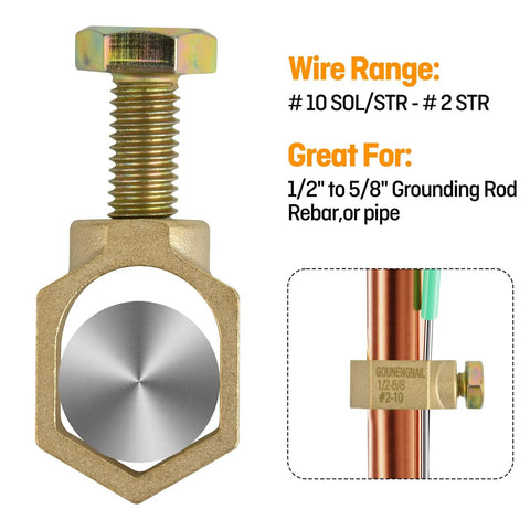 Copper Ground Rod Clamp For Half Inch To Five Eighths Inch Grounding Rods And Pipes With Galvanized Bolt Solderless Ground Wire Connection