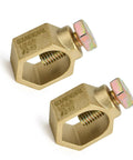Copper Ground Rod Clamp For Half Inch To Five Eighths Inch Grounding Rods And Pipes with Galvanized Bolt, shown in pair.