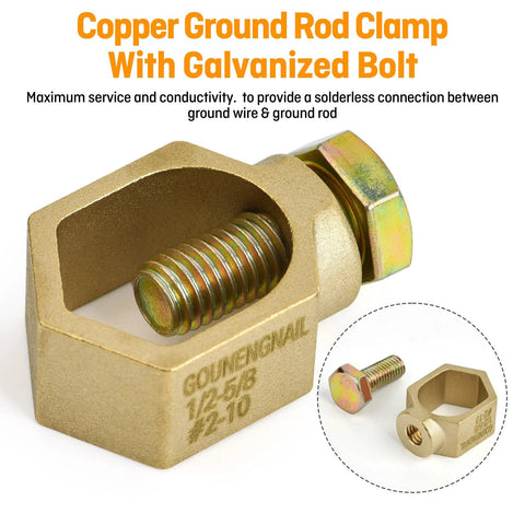 Copper Ground Rod Clamp For Half Inch To Five Eighths Inch Grounding Rods And Pipes With Galvanized Bolt Solderless Ground Wire Connection