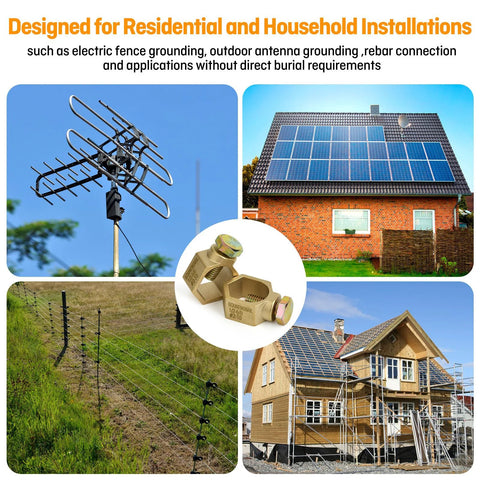 Copper Ground Rod Clamp For Half Inch To Five Eighths Inch Grounding Rods And Pipes with applications in solar panels and antennas.