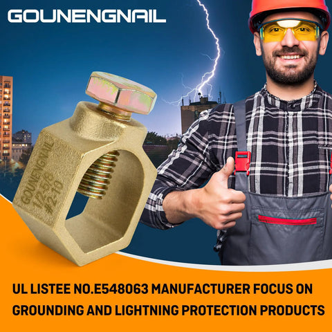 Copper Ground Rod Clamp For Half Inch To Five Eighths Inch Grounding Rods And Pipes With Galvanized Bolt Solderless Ground Wire Connection next to technician