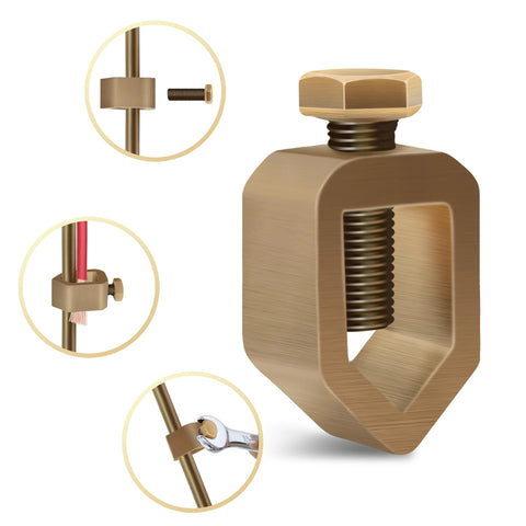 Copper Grounding Rod clamp and connector in focus, showing assembly parts for Electric Fence and Generator Heavy Duty Grounding Kit.