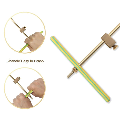 Hands gripping T-handle of Copper Grounding Rod For Electric Fence And Generator, focus on 0.28 inch diameter, clamp visible