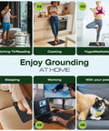Copper Grounding Rod Kit with 24 by 16 Inch Mat used in various scenarios like cooking and yoga, showcasing home grounding benefits.