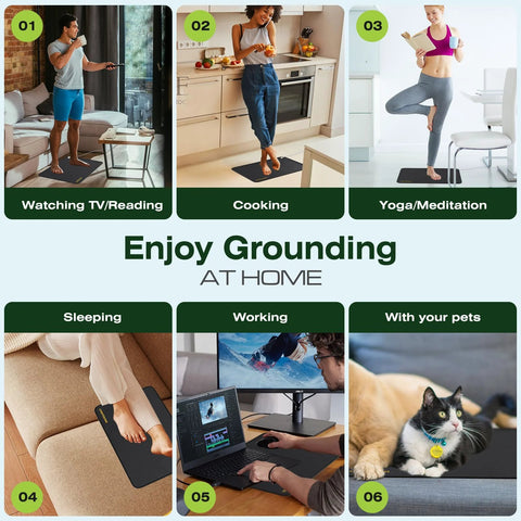 Copper Grounding Rod Kit with 24 by 16 Inch Mat used in various scenarios like cooking and yoga, showcasing home grounding benefits.