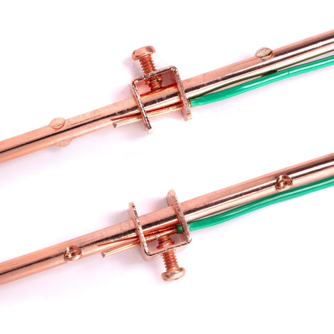 Copper Grounding Rod Four Feet Long Three Eighth Inch Diameter With Attached Ground Rod Clamp alongside copper wires