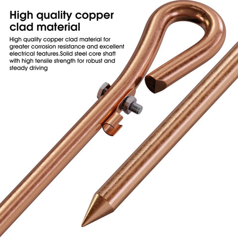 Portable Grounding Rod With 4 Ft Flexible Copper Bonding Wire And Copper Clip, 1/2 in Dia Copper Clad Rod, Pro Grade Corrosion Resistance