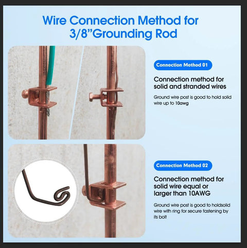 Wire connection methods for 3/8" Pro Grade Four Foot Copper Grounding Rod Kit with Clamp and Warning Tags