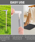 Copper Grounding Rod With 40ft Wire For Earthing kit showing rod in grass, connector close-up, and use with grounding mat indoors.