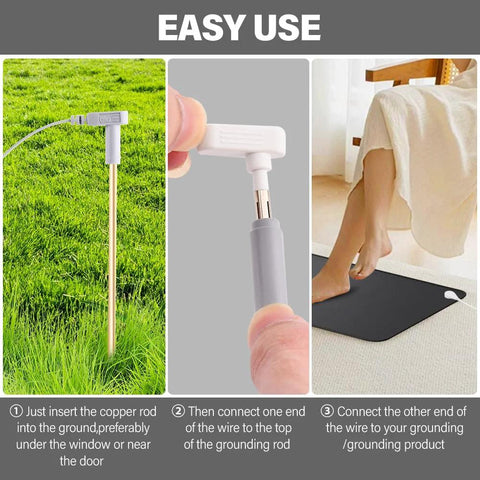 Copper Grounding Rod With 40ft Wire For Earthing kit showing rod in grass, connector close-up, and use with grounding mat indoors.