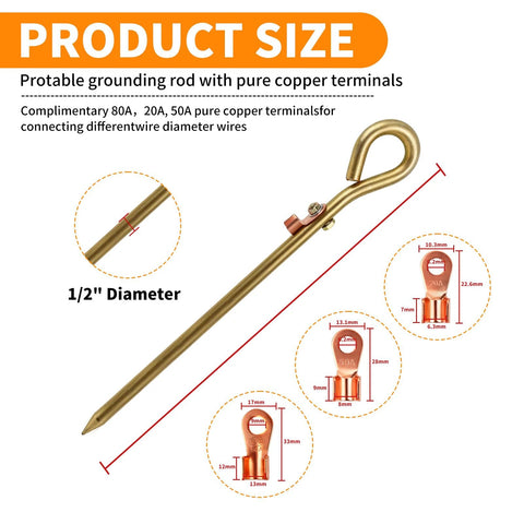 Copper Grounding Rod Kit For Electric Fence And Generator, 14.57 Inch Grounding Rod With Pure Copper Lug, Product Size Display