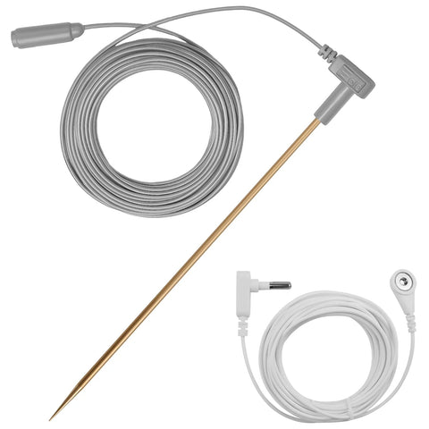 Copper Grounding Rod Kit With 40 Foot Grounding Wire And Alligator Clip For Portable Earth Connection displayed with copper rod and wires