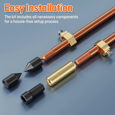 Eight Foot Grounding Rod Kit With Copper Clad Steel Rods And Grounding Clamps For Electrical Grounding And Earthing Of Fences Satellite Dishes Generators And More A Real Must Have For Pros And Handy For DIY Installations, showing rods and clamps