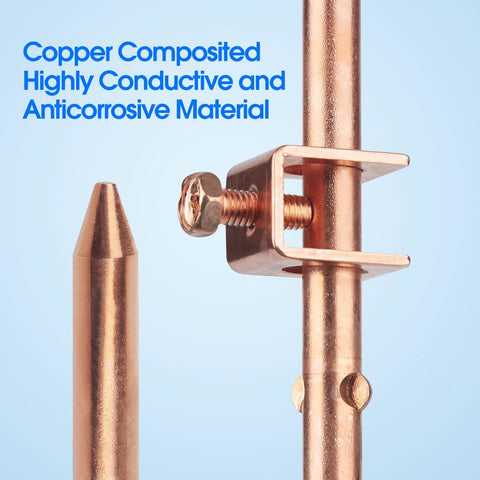 Close-up of Pro Grade Four Foot Copper Grounding Rod Kit With Clamp And Warning Tags showing copper rods and clamp details.