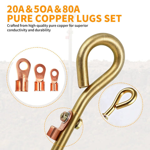 Copper Grounding Rod Kit For Electric Fence And Generator, 14.57 Inch with 20 50 80 Amp Pure Copper Lugs, outdoor use