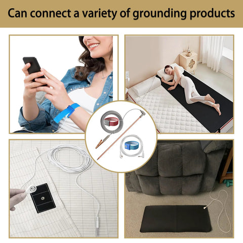 Copper Grounding Rod Kit With 40Ft Female Ground Cord for mats, blankets, featuring wristband and grounding pad setup.