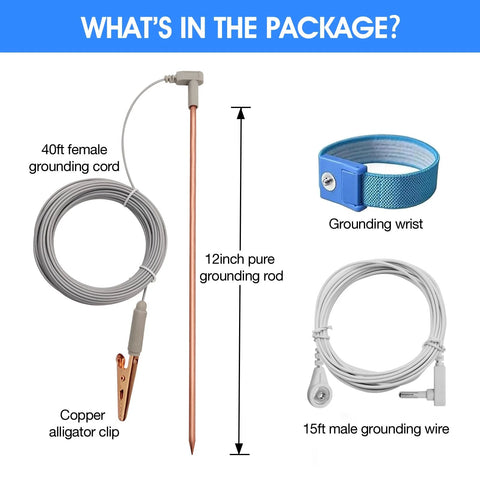 Copper Grounding Rod Kit With 40ft Female Ground Cord And Alligator Clip, includes grounding rod, wristband, wire, and clip