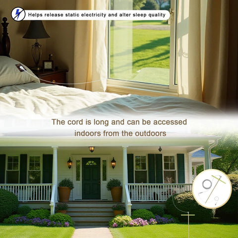 Copper Grounding Rod Kit Pro Grade with wires connecting home for earthing effect, shown with bedding in a bedroom and exterior view.