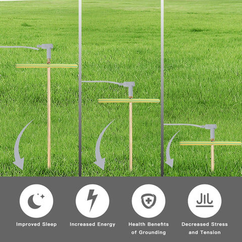 Copper Grounding Rod Kit Pro Grade with ground wires and clamp shown installed in grass for safe earthing.