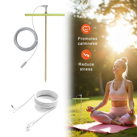 Copper Grounding Rod Kit Pro Grade with wires, clamp, wrench, and T-handle shown beside a person meditating outdoors.