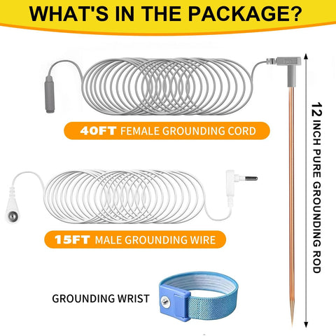 Copper Grounding Rod Kit With 40 Ft Braided Ground Cord And Wristband For Earthing Mats Sheets Blankets And Pillowcases Heavy Duty 12 Inch C1100 Copper Rod For Deep Soil Penetration Portable Earthing System For Home Office And Outdoor Use By FEUNLEM, showing a 12-inch copper rod, 40ft female cord, 15ft male wire, and wristband.