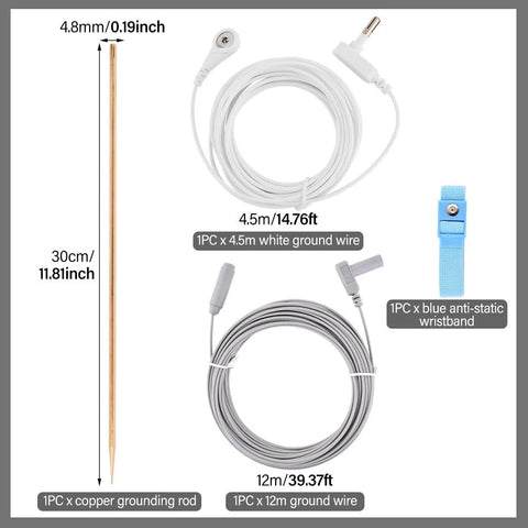 Copper Grounding Rod With 40ft Wire For Earthing kit showing rod, 39ft cord, 14.76ft wire, blue wristband.