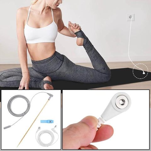 Woman using Copper Grounding Rod With 40ft Wire for Earthing; includes portable rod, 39ft cord, and accessories for grounding mats