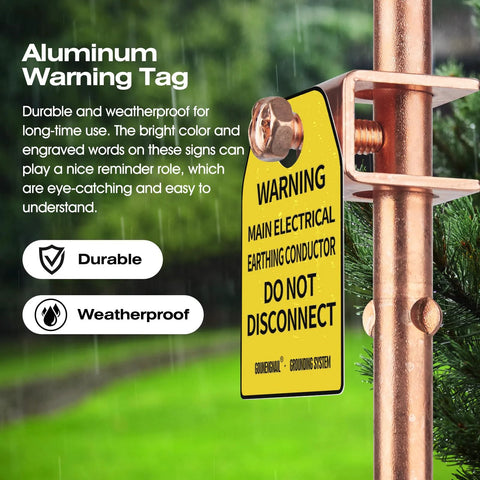 Close-up of aluminum warning tag attached to copper grounding rod from Pro Grade Four Foot Copper Grounding Rod Kit With Clamp And Warning Tags.