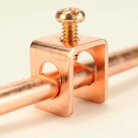 Close-up of copper clamp with attached wire, part of the Copper Grounding Rod With Attached Wire Clamp For Antennas And Satellite Dishes