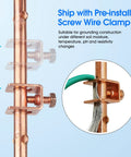 Pro Grade Four Foot Copper Grounding Rod Kit With Clamp And Warning Tags showing screw wire clamp detail