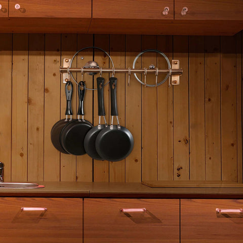 Kitchen Utensil Holder Hanger, Pot and Pan Rack Wall Mount with pans hanging, stainless steel antique copper rail installed on wood wall.