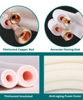 Mini Split Line Set Kit With Sixteen Foot Copper Line Pipes detail of copper nut, flaring end, thickened insulation, and foam cover.