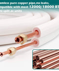 Mini Split Line Set Kit With Sixteen Foot Copper Line Pipes One Quarter Inch And One Half Inch Outer Diameter And Three Eighths Inch Insulated Coil Line Set For Air Conditioners HVAC Refrigeration And Heat Pumps With Installation Fittings visual showing copper pipes and fittings.
