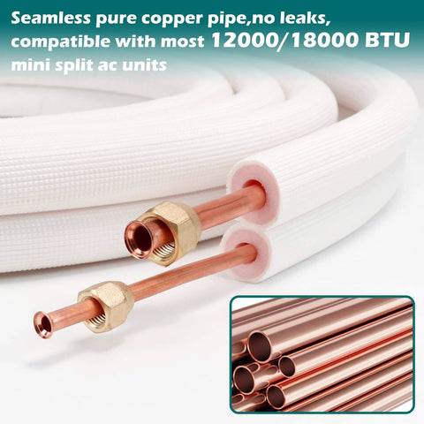 Mini Split Line Set Kit With Sixteen Foot Copper Line Pipes One Quarter Inch And One Half Inch Outer Diameter And Three Eighths Inch Insulated Coil Line Set For Air Conditioners HVAC Refrigeration And Heat Pumps With Installation Fittings visual showing copper pipes and fittings.