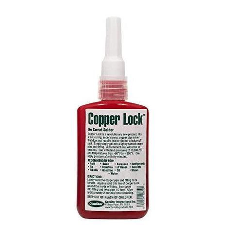 Copper Lock Liquid Solder for Copper and Brass Pipes, no heat adhesive sealant, 2 oz bottle, front label view, plumbing repair solution