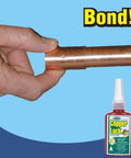 Copper Lock Liquid Solder for Copper and Brass Pipes No Heat No Torch Plumbing Adhesive for repair shown on copper pipe with bottle