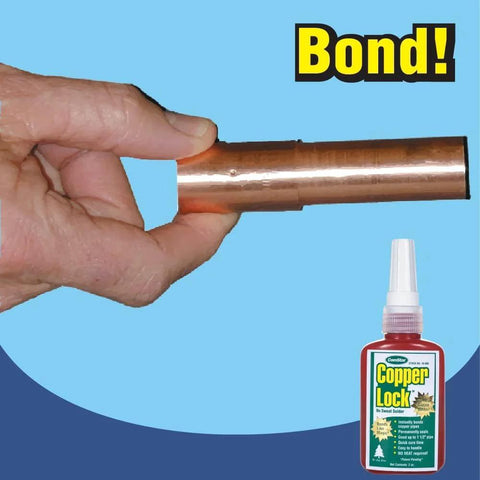 Copper Lock Liquid Solder for Copper and Brass Pipes No Heat No Torch Plumbing Adhesive for repair shown on copper pipe with bottle