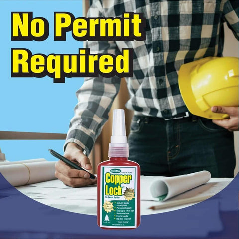 Copper Lock Liquid Solder for Copper and Brass Pipes No Heat No Torch Plumbing Adhesive bottle on table with construction worker.